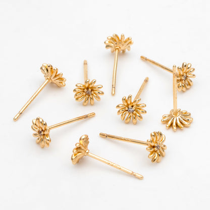 10pcs CZ Pave Gold Flower Ear Posts 6mm, Gold Plated Brass Stud Earrings, DIY Ear Findings (GB-3359)