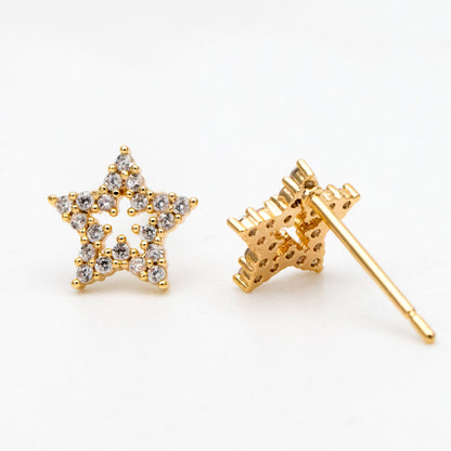 10pcs CZ Pave Star Ear Posts: 18K Gold Plated Brass Stud Earrings, 10mm, (GB-3041-P)