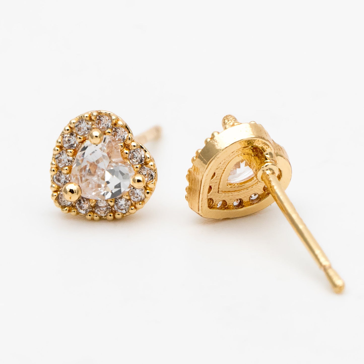 4pcs CZ Pave Heart Ear Posts, Gold Plated Brass Stud Earrings, Jewelry Findings, Wholesale Supplies (GB-3362)