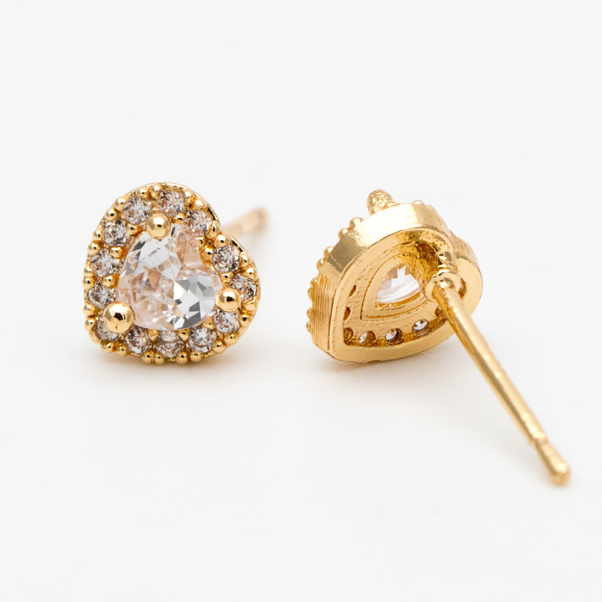 4pcs CZ Pave Heart Ear Posts, Gold Plated Brass Stud Earrings, Jewelry Findings, Wholesale Supplies (GB-3362)