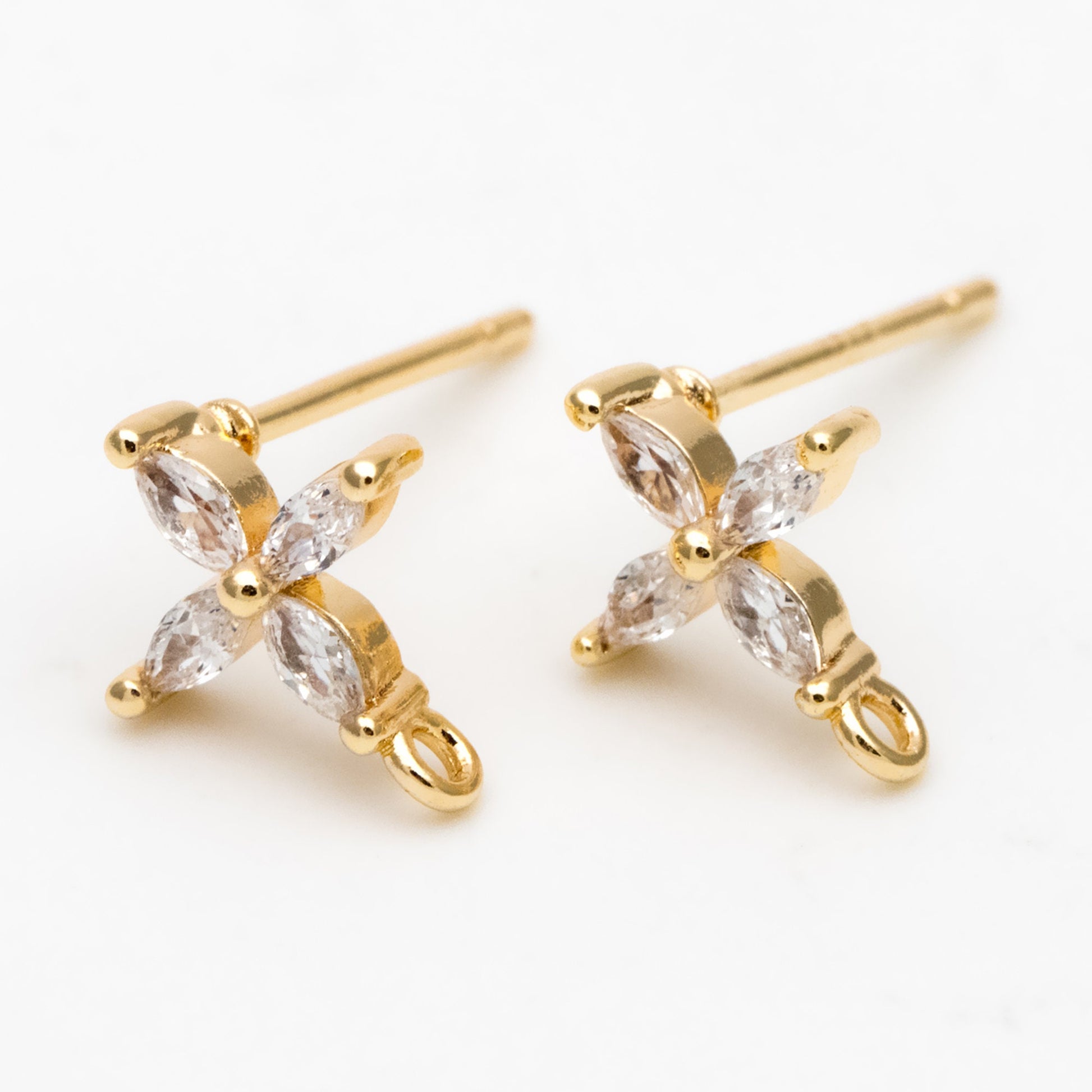 4pcs CZ Pave Gold Flower Stud Earring with Loop, Gold Plated Brass, Jewelry Supplies (GB-3311)