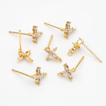 4pcs CZ Pave Gold Flower Stud Earring with Loop, Gold Plated Brass, Jewelry Supplies (GB-3311)