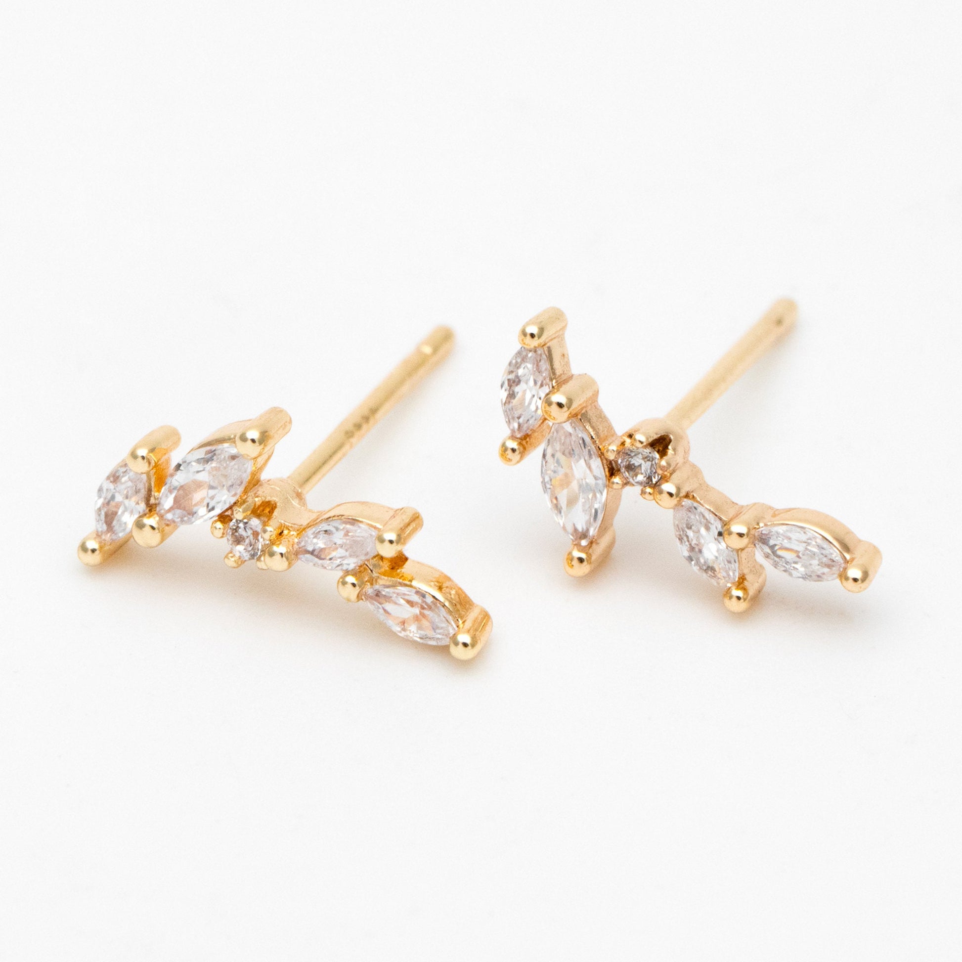 4pcs Leaf Stud Earrings, 18K Gold Plated Brass, CZ Pave Branch Earrings (GB-3369)