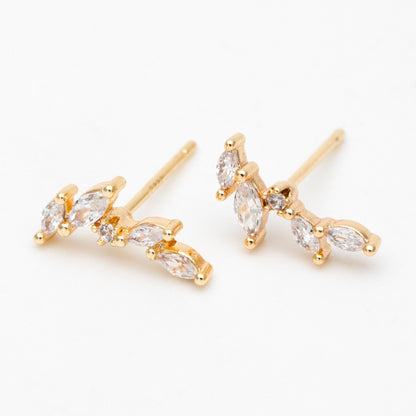 4pcs Leaf Stud Earrings, 18K Gold Plated Brass, CZ Pave Branch Earrings (GB-3369)