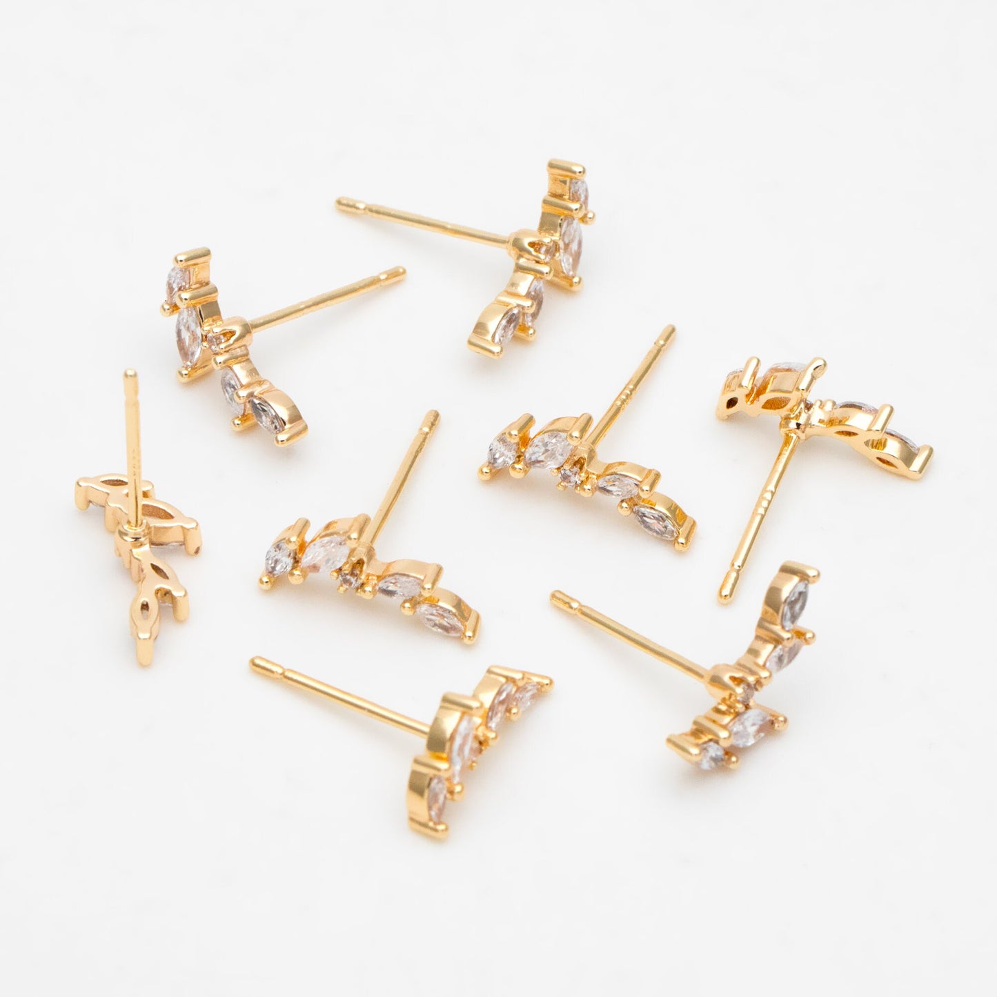 4pcs Leaf Stud Earrings, 18K Gold Plated Brass, CZ Pave Branch Earrings (GB-3369)