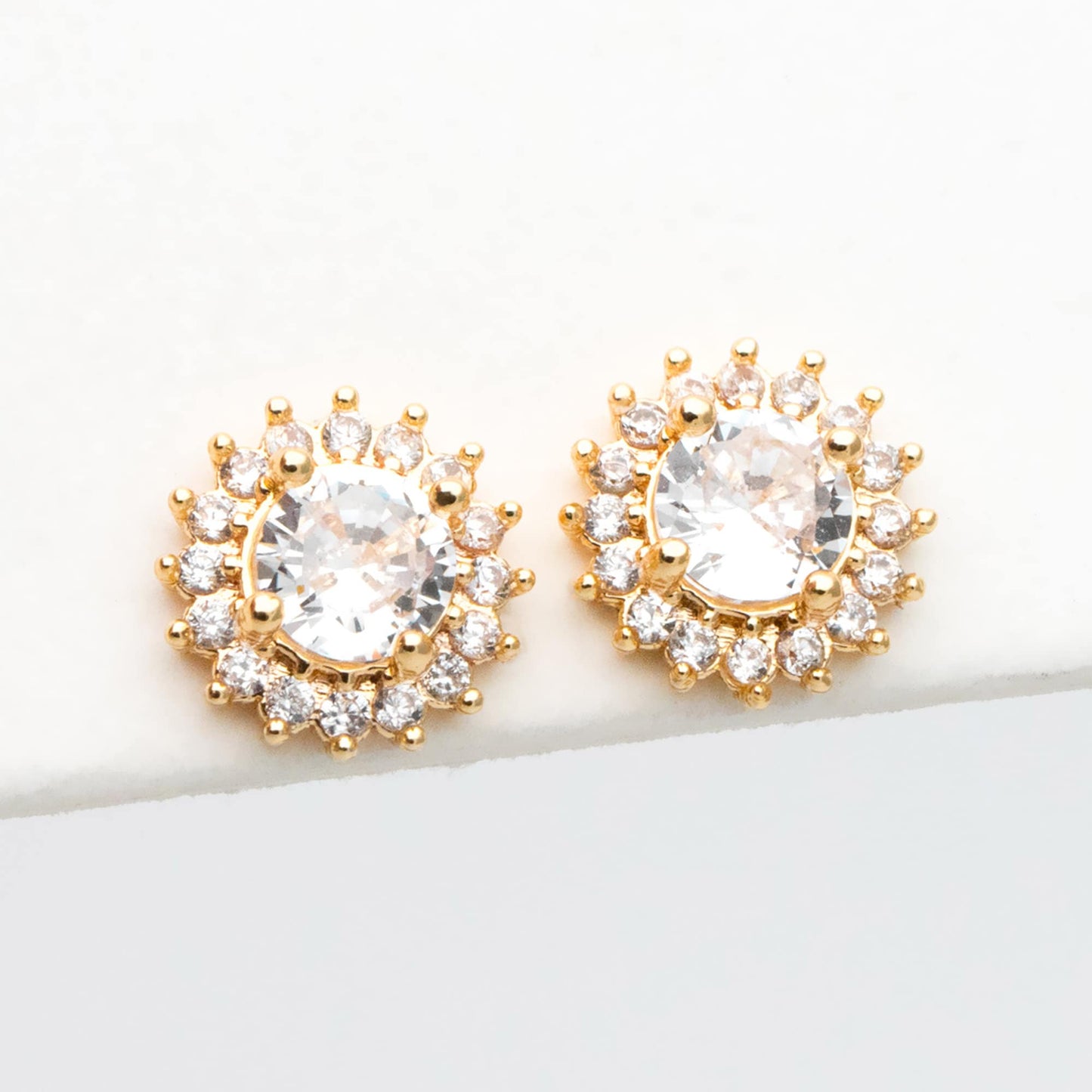 4pcs CZ Pave Gold Flower Ear Posts 8mm, Gold Plated Brass Stud Earrings (#GB-3371)