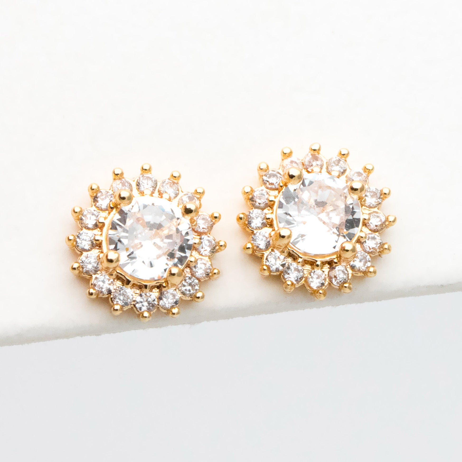 4pcs CZ Pave Gold Flower Ear Posts 8mm, Gold Plated Brass Stud Earrings (#GB-3371-A)