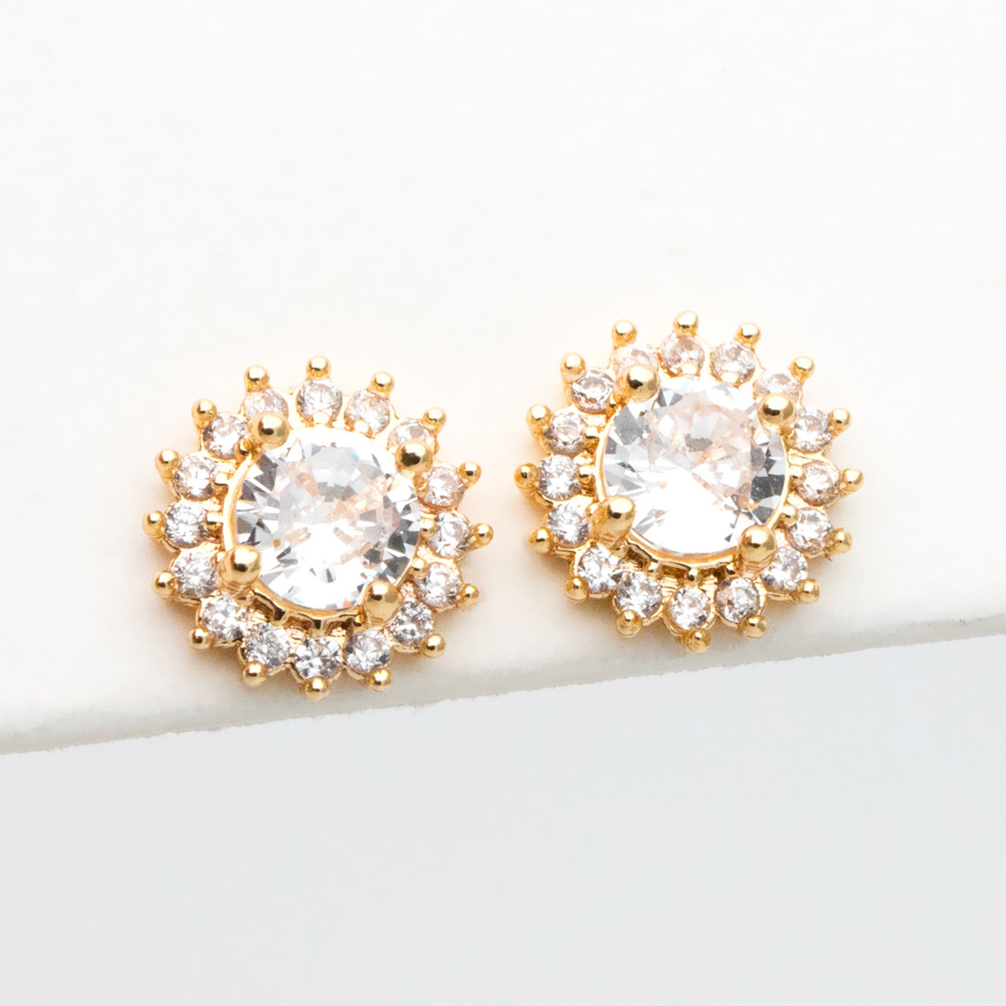 4pcs CZ Pave Gold Flower Ear Posts 8mm, Gold Plated Brass Stud Earrings (#GB-3371-A)