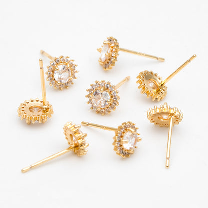 4pcs CZ Pave Gold Flower Ear Posts 8mm, Gold Plated Brass Stud Earrings (#GB-3371-A)
