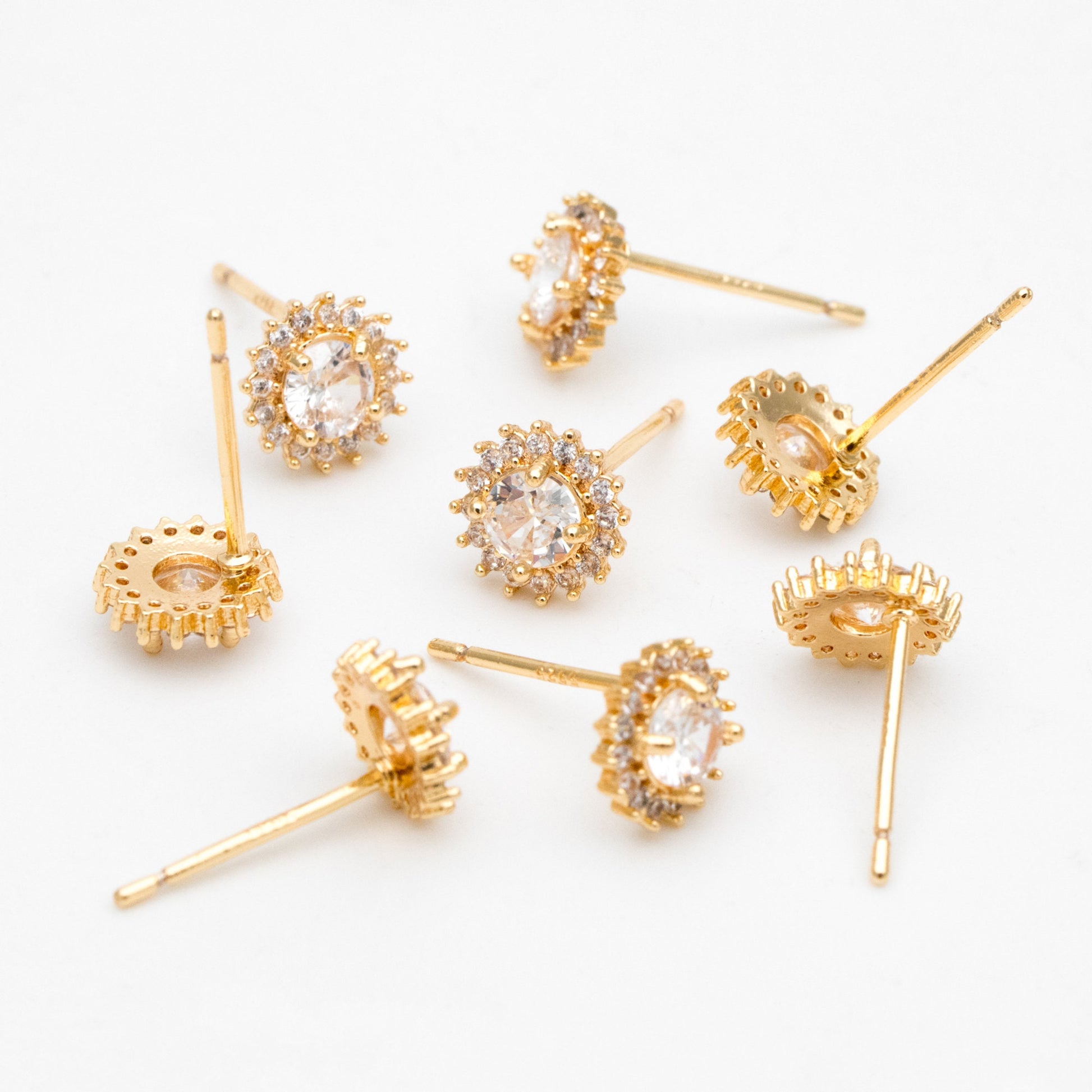 4pcs CZ Pave Gold Flower Ear Posts 8mm, Gold Plated Brass Stud Earrings (#GB-3371-A)