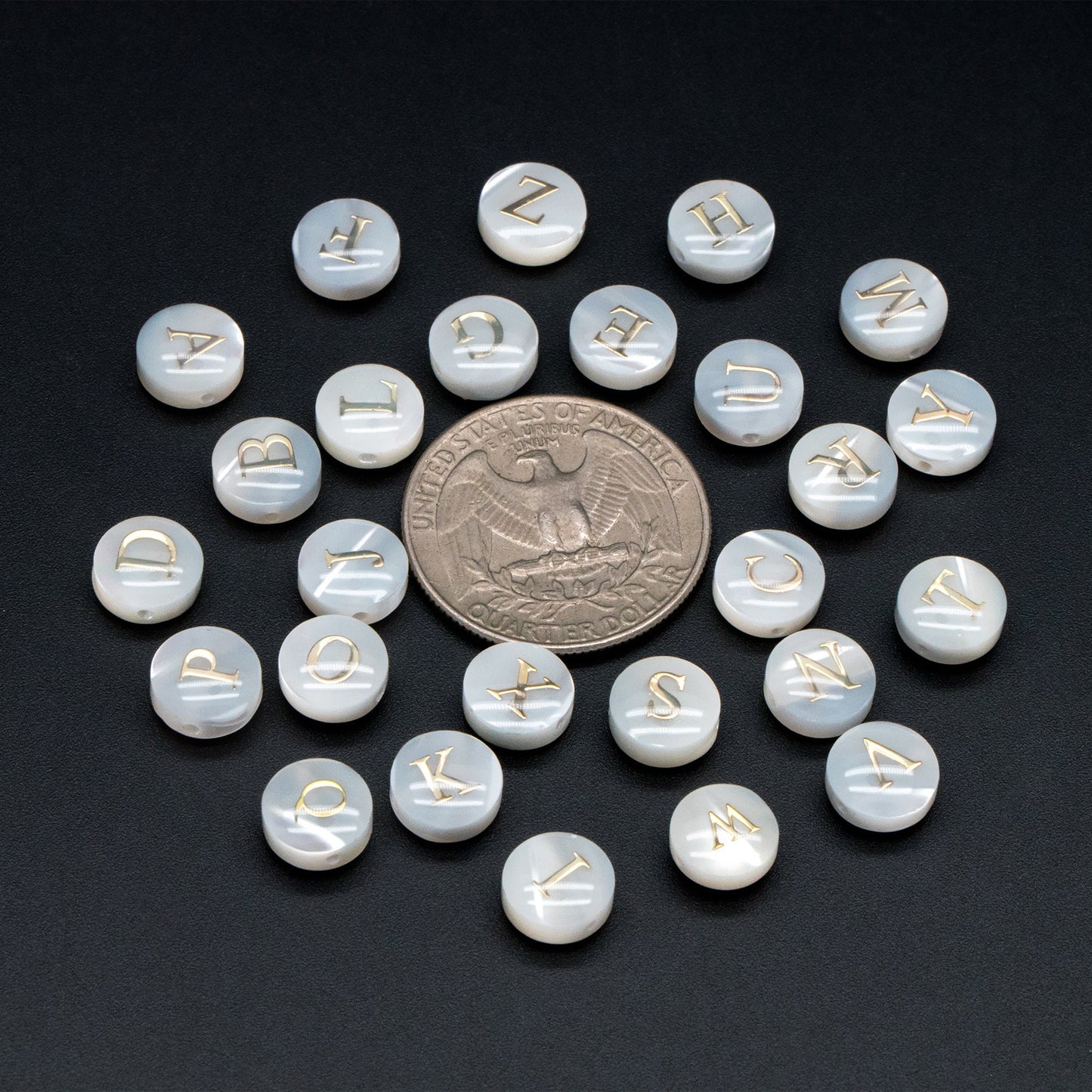 8mm Shell Alphabet Beads, English Letter Beads, Round Coin Letter Charms, Personalized Initial Charms, You Choose Letter (V1404)