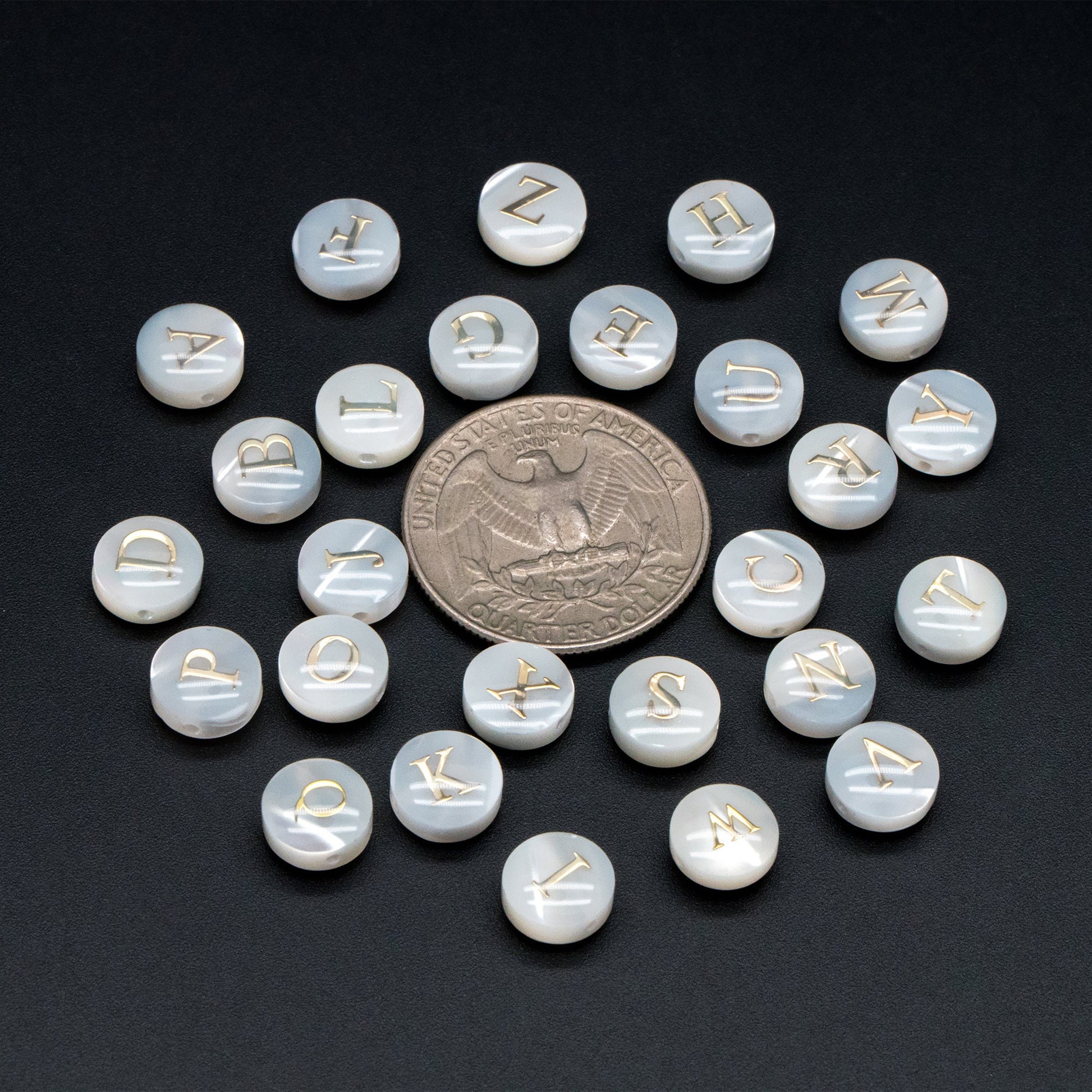 8mm Shell Alphabet Beads, English Letter Beads, Round Coin Letter Charms, Personalized Initial Charms, You Choose Letter (V1404)