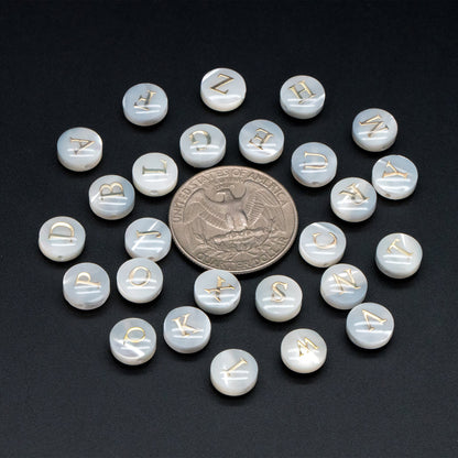 8mm Shell Alphabet Beads, English Letter Beads, Round Coin Letter Charms, Personalized Initial Charms, You Choose Letter (V1404)