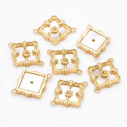 10pcs Shell Pave Gold Flower Charms, 18K Gold plated Brass, Rhombus Flower Pendants Connector (GB-3780-L)