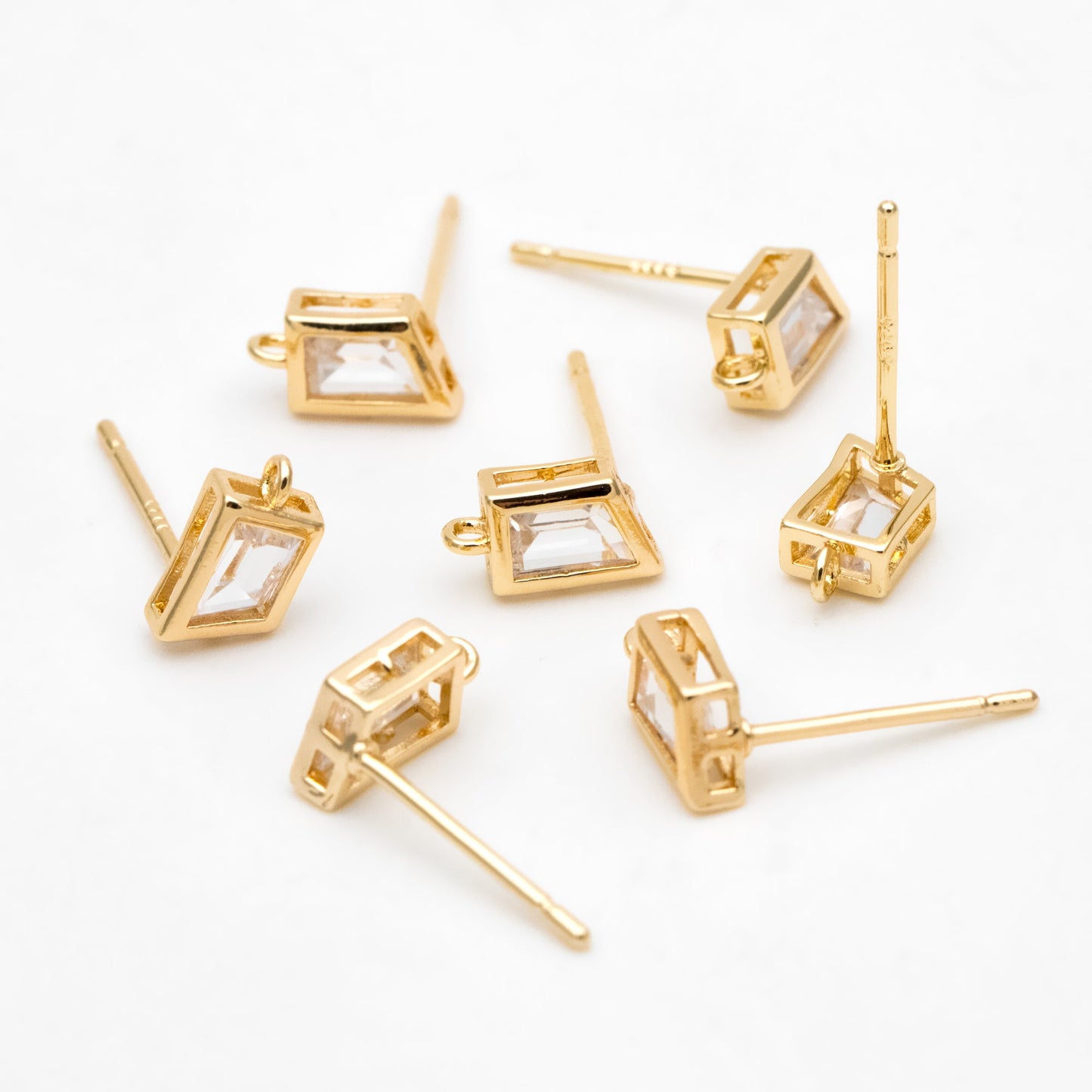 4pcs CZ Pave Trapezoid Earring Stud with Loop, 18K Gold plated Brass Ear Posts, Geometric Earring Findings (#GB-3326)
