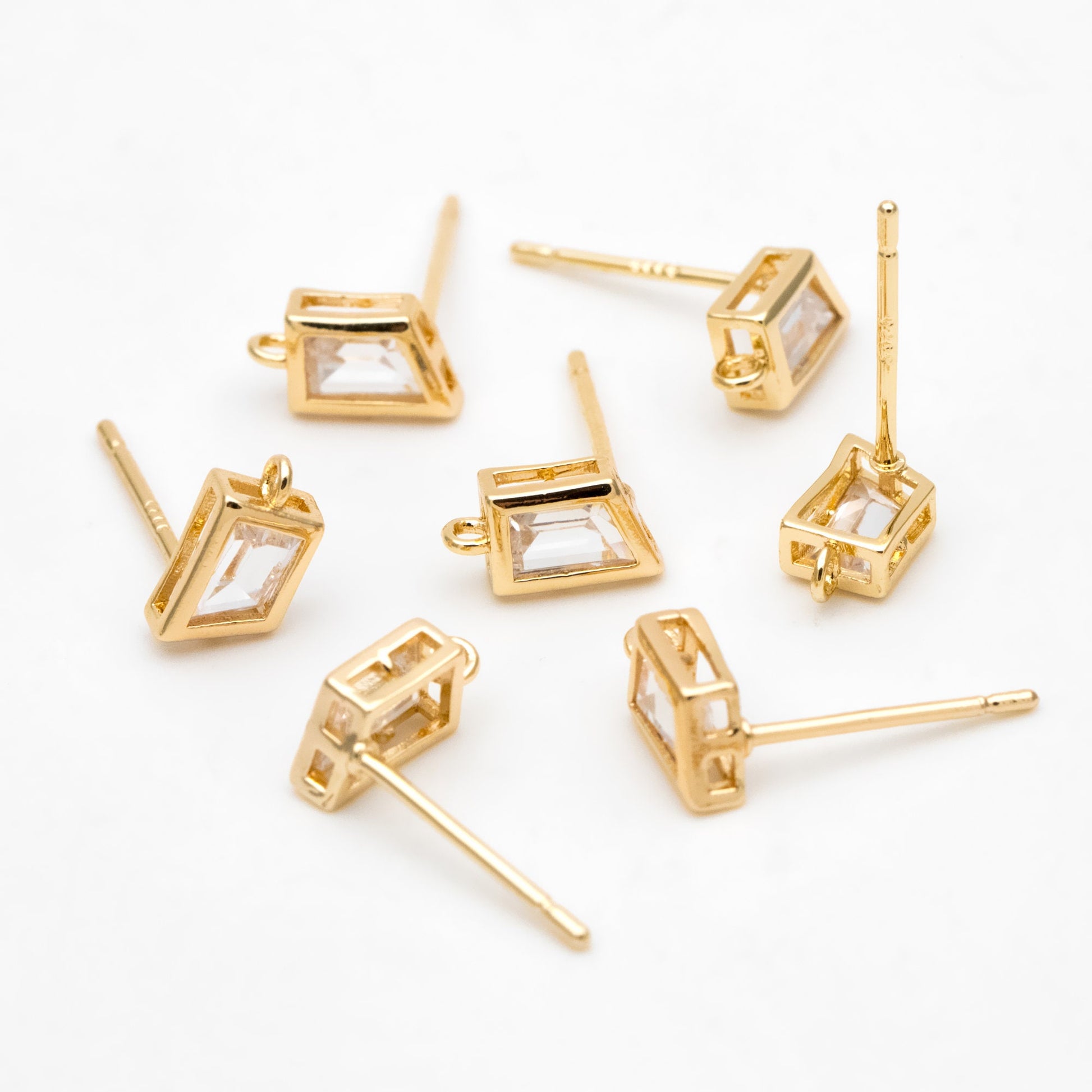4pcs CZ Pave Trapezoid Earring Stud with Loop, 18K Gold plated Brass Ear Posts, Geometric Earring Findings (#GB-3326)