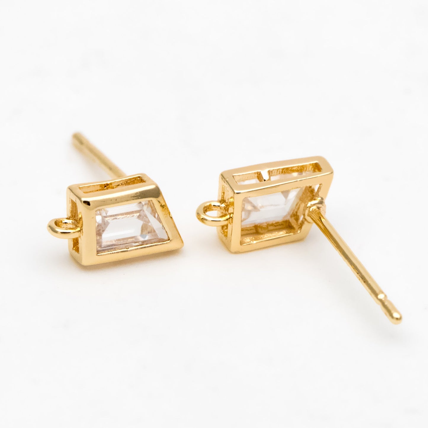 4pcs CZ Pave Trapezoid Earring Stud with Loop, 18K Gold plated Brass Ear Posts, Geometric Earring Findings (#GB-3326)