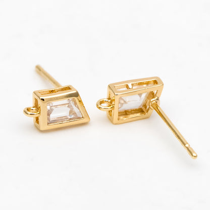 4pcs CZ Pave Trapezoid Earring Stud with Loop, 18K Gold plated Brass Ear Posts, Geometric Earring Findings (#GB-3326)