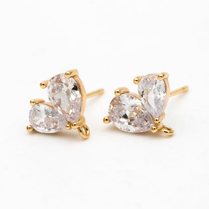 4pcs CZ Pave Heart Earring with Loop, Gold Plated Brass leaf Stud Earrings, Teardrop Earring, Wholesale Supplies (GB-3328)