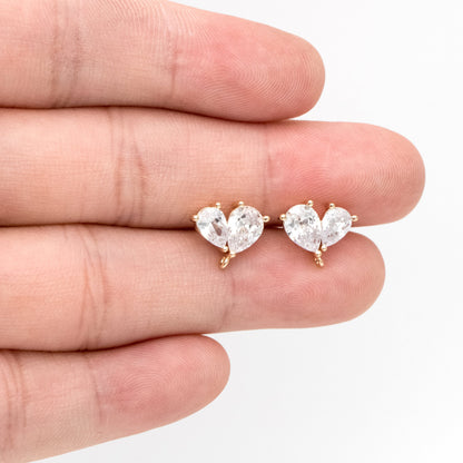 4pcs CZ Pave Heart Earring with Loop, Gold Plated Brass leaf Stud Earrings, Teardrop Earring, Wholesale Supplies (GB-3328)