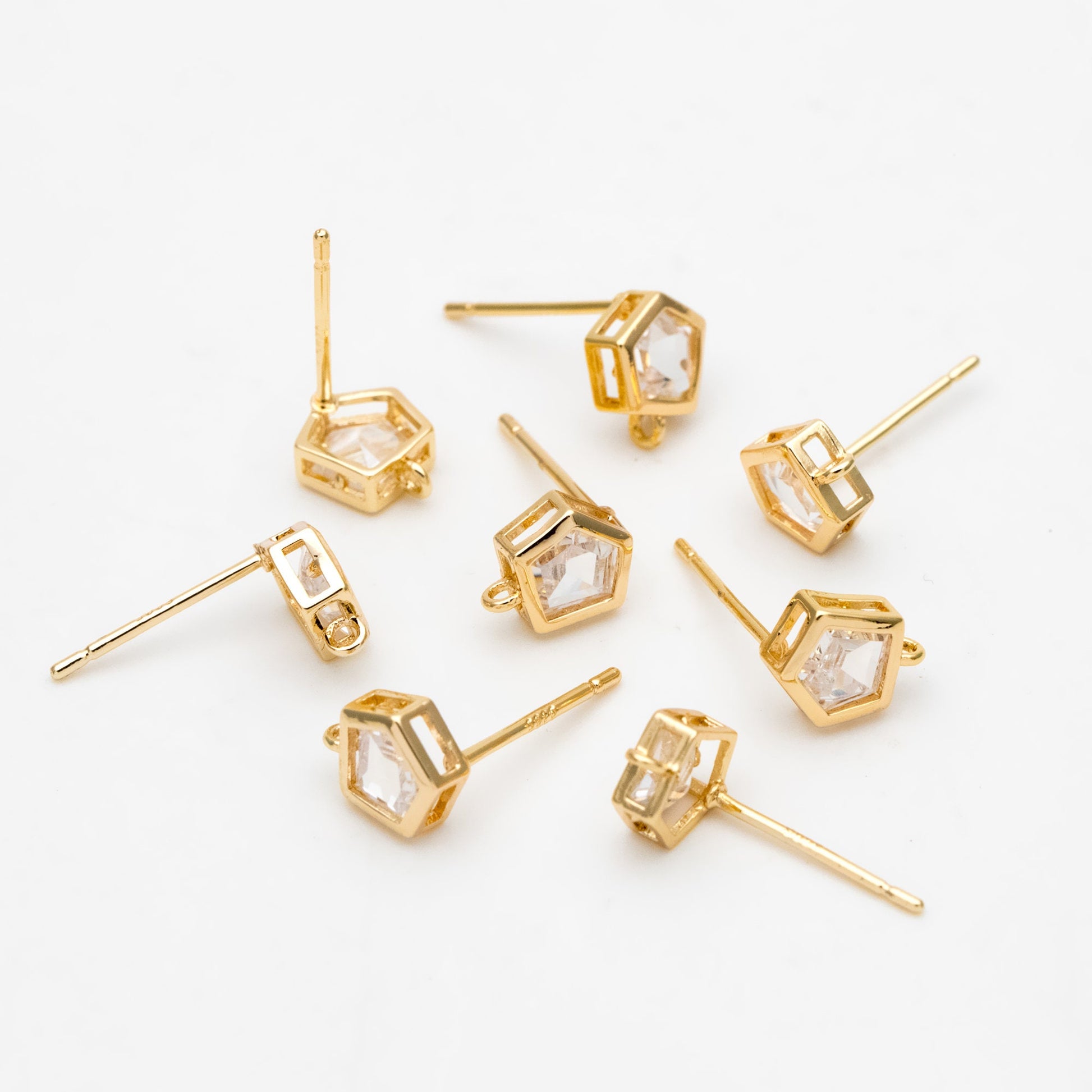 4pcs CZ Pave Pentagon Earring Stud with Loop, 18K Gold plated Brass Ear Posts, Geometric Earring Findings (#GB-3333)
