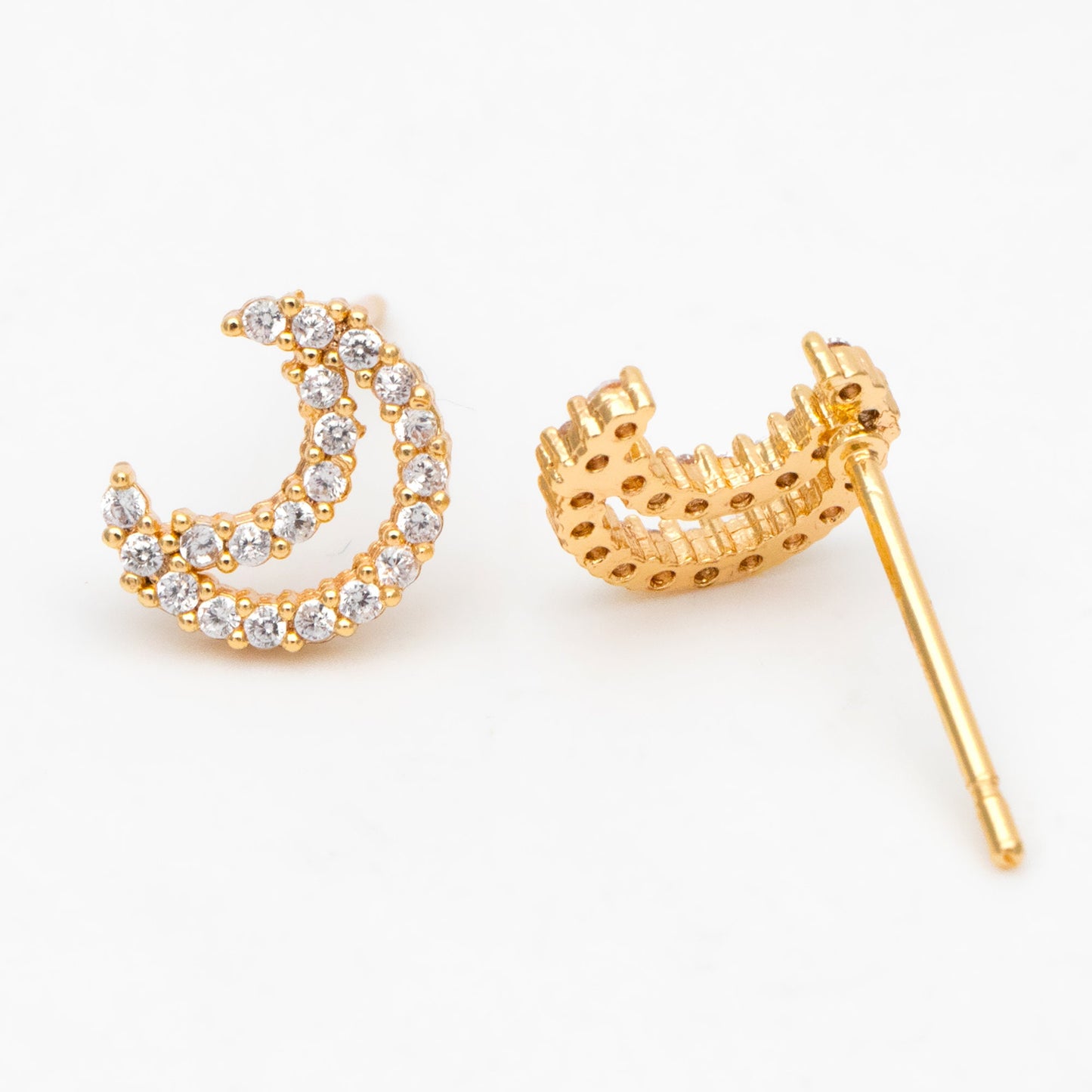 10pcs CZ Pave Moon Ear Posts 9x7mm, Real Gold Plated Brass Stud Earrings (#GB-3041-Q)