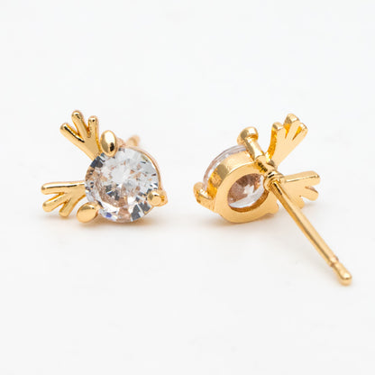 10pcs CZ Pave Gold Buck Horn Ear Posts, 18K Gold Plated Brass, Christmas earring,Deer Horn Antlers Earring (GB-139-G)