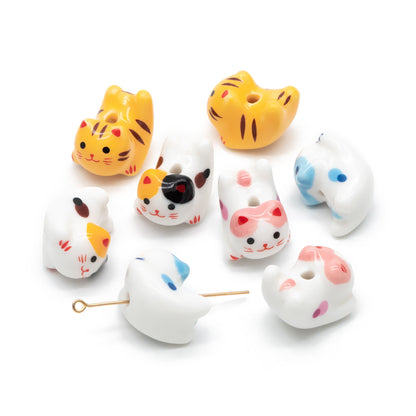 10 beads- Porcelain Lucky Cat beads 20mm, Handmade Ceramic Maneki Neko, Kawaii Animal Beads (TC-171)