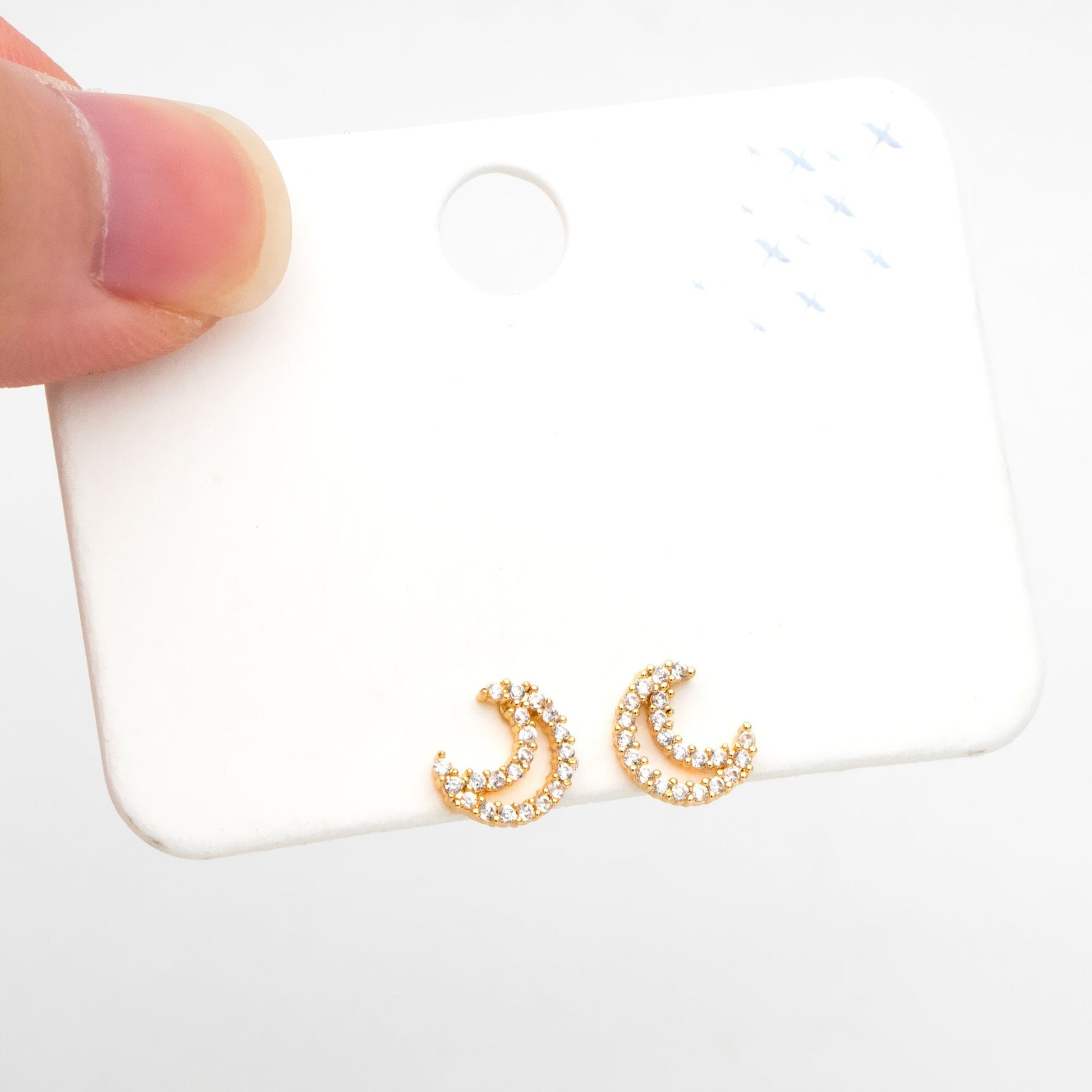 10pcs CZ Pave Moon Ear Posts 9x7mm, Real Gold Plated Brass Stud Earrings (#GB-3041-Q)