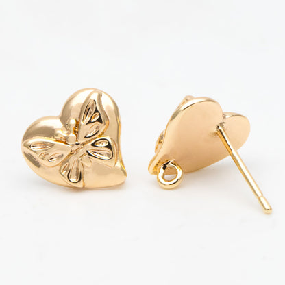 10pcs Gold Butterfly Heart Earring with Loop, Gold Plated Brass Stud Earrings, Jewelry Findings, Wholesale Supplies (GB-3378)