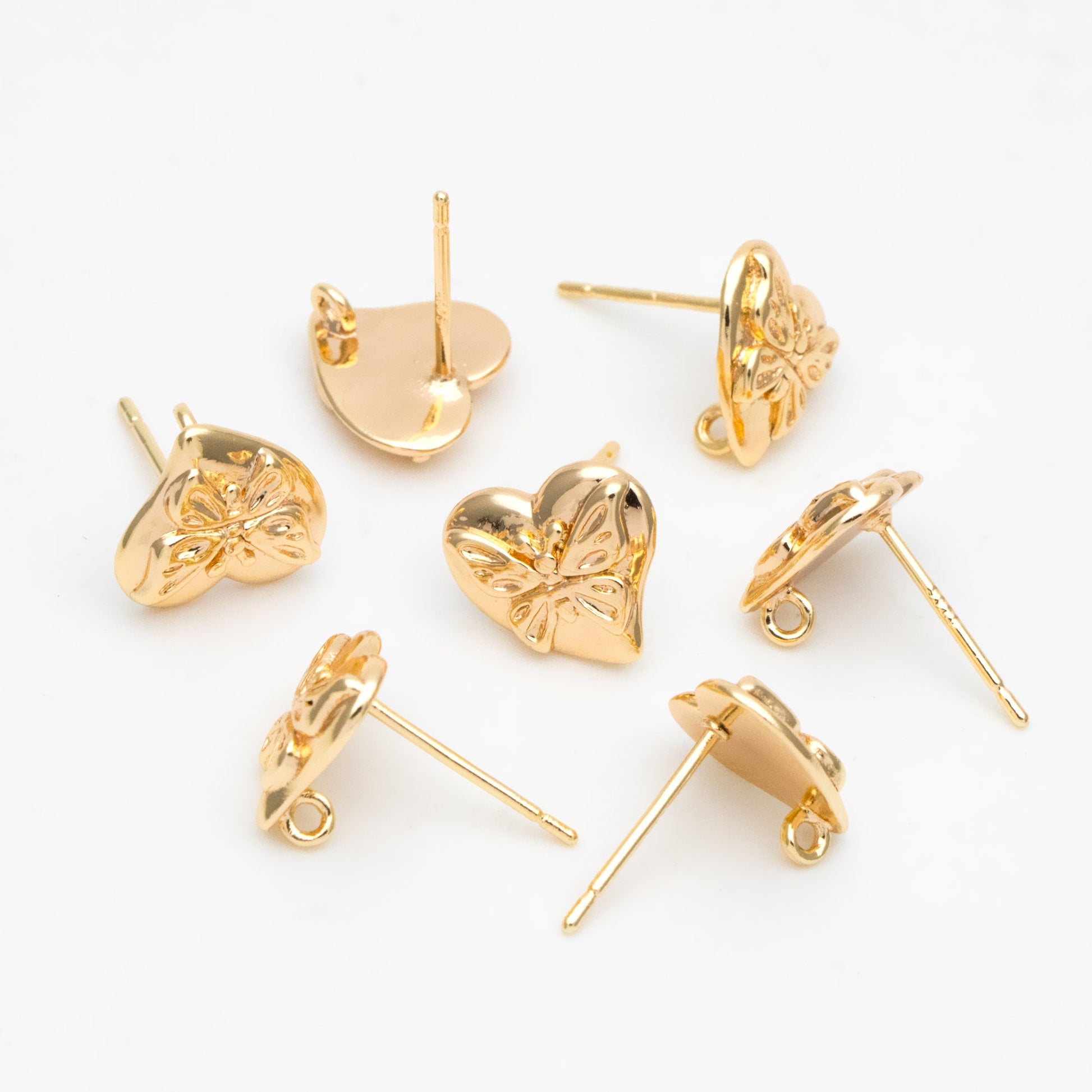 10pcs Gold Butterfly Heart Earring with Loop, Gold Plated Brass Stud Earrings, Jewelry Findings, Wholesale Supplies (GB-3378)
