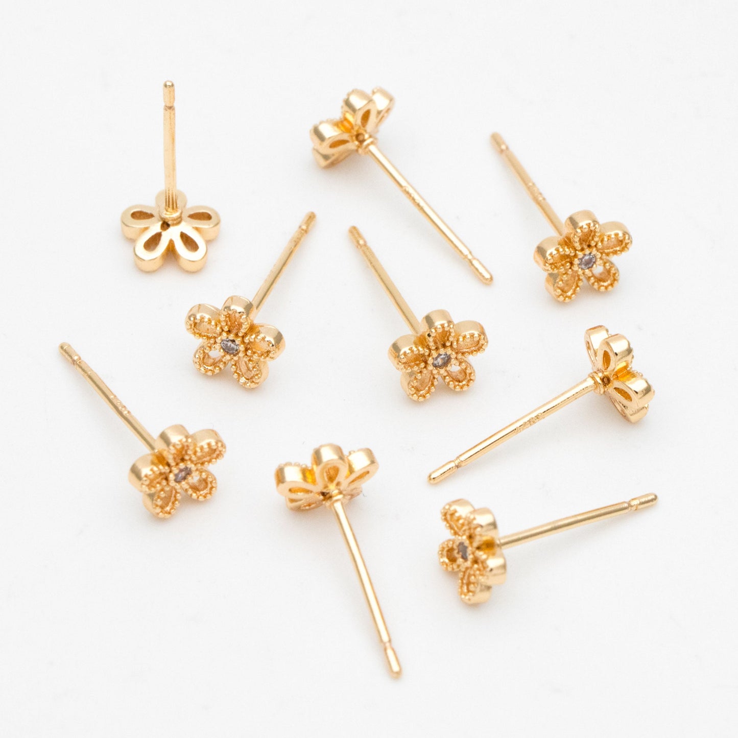 10pcs CZ Pave Gold/ Silver Flower Ear Posts 6mm, Gold/ Rhodium Plated Brass Stud Earrings, DIY Ear Findings (GB-3381)