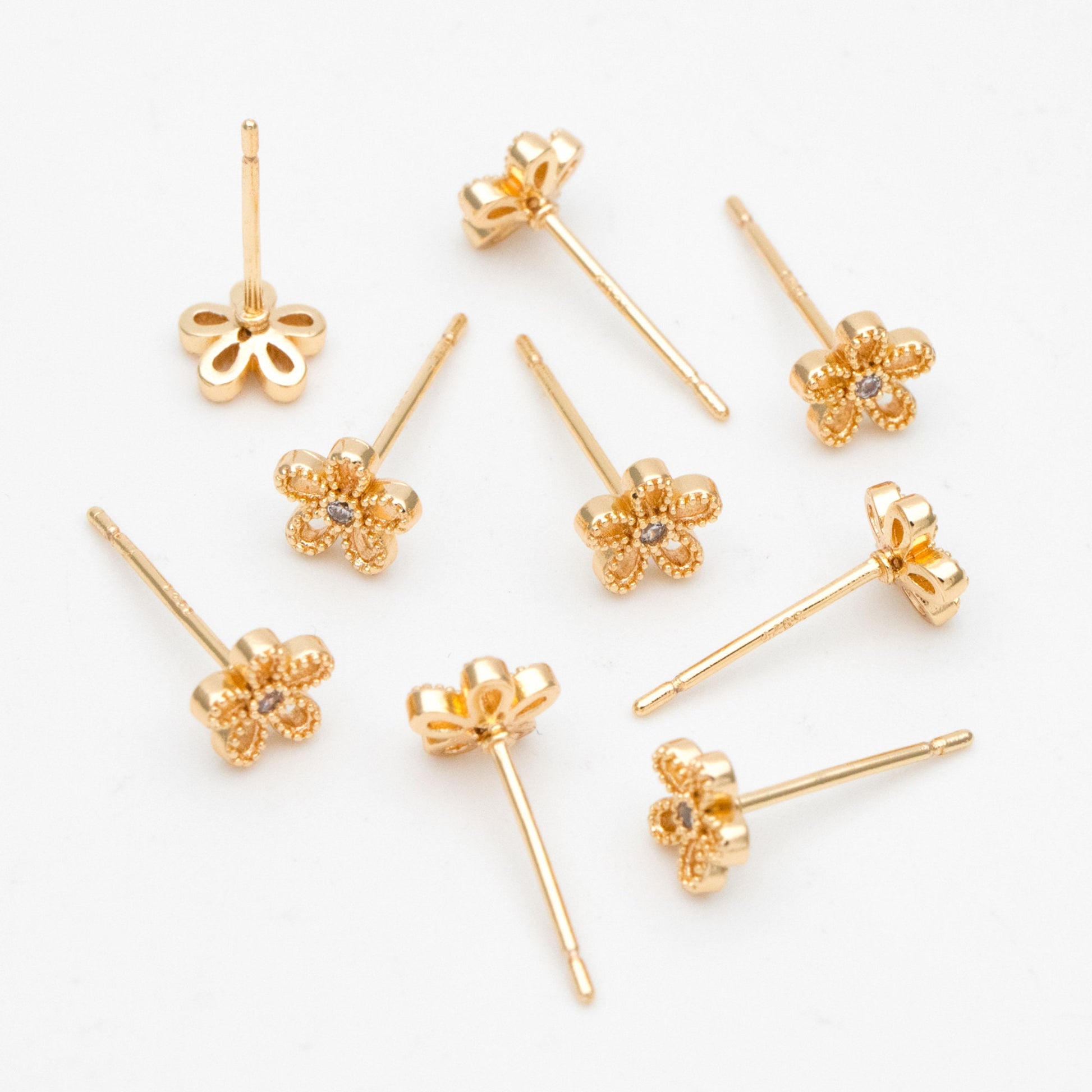 10pcs CZ Pave Gold/ Silver Flower Ear Posts 6mm, Gold/ Rhodium Plated Brass Stud Earrings, DIY Ear Findings (GB-3381)