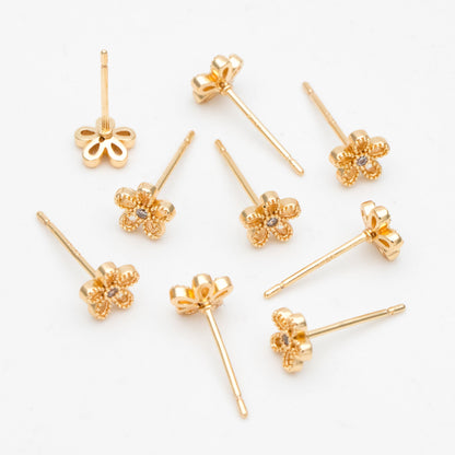 10pcs CZ Pave Gold/ Silver Flower Ear Posts 6mm, Gold/ Rhodium Plated Brass Stud Earrings, DIY Ear Findings (GB-3381)