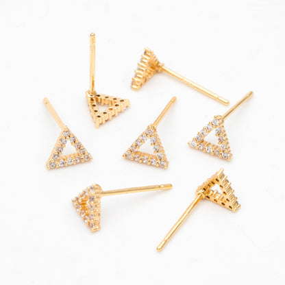 4pcs CZ Pave Triangle Earring Posts 6x7mm/ 7x8mm, 18K Gold Plated Brass, Triangle Stud Earrings (#GB-3382)