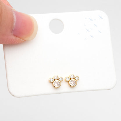 4pcs CZ Pave Pet Paw Print Ear Posts 6x7mm, Gold Plated Brass Stud Earring (GB-3671-B)