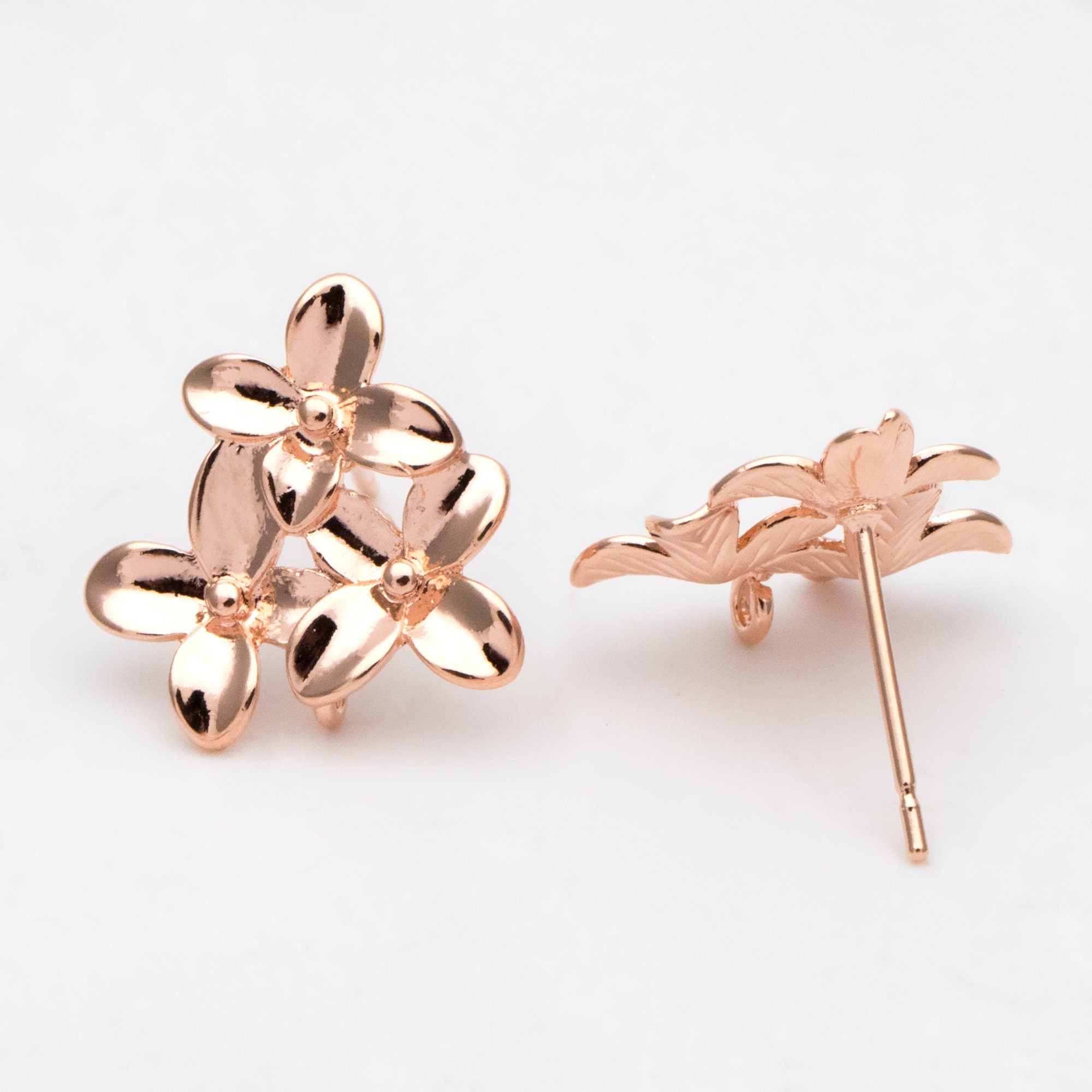 10pcs Gold/ Rhodium/ Rose Gold plated Brass Flower Earring with Loop, 14mm Floral Stud Earring (GB-956)