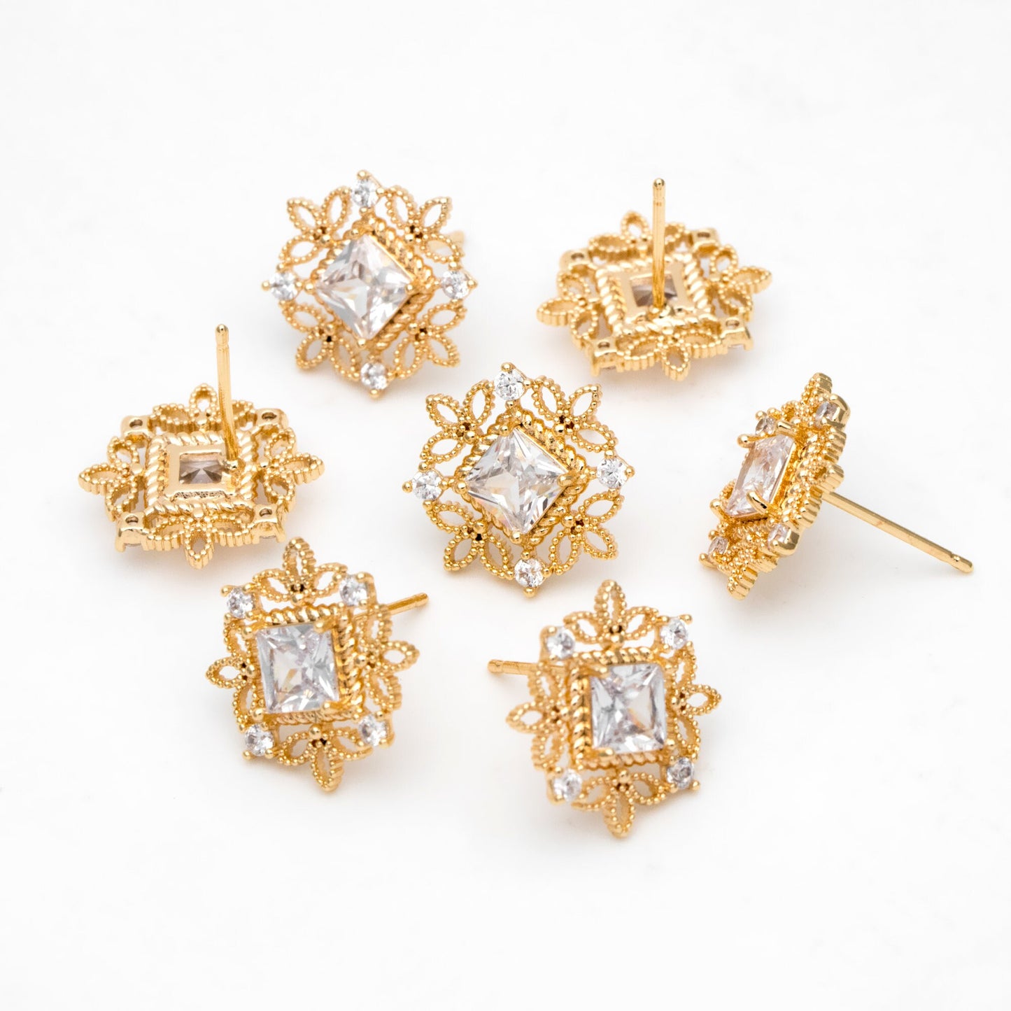 4pcs CZ Pave Gold Filigree Flower Earring, Gold Plated Brass, Jewelry Making, Diy Material, Jewelry Supplies (GB-3345)