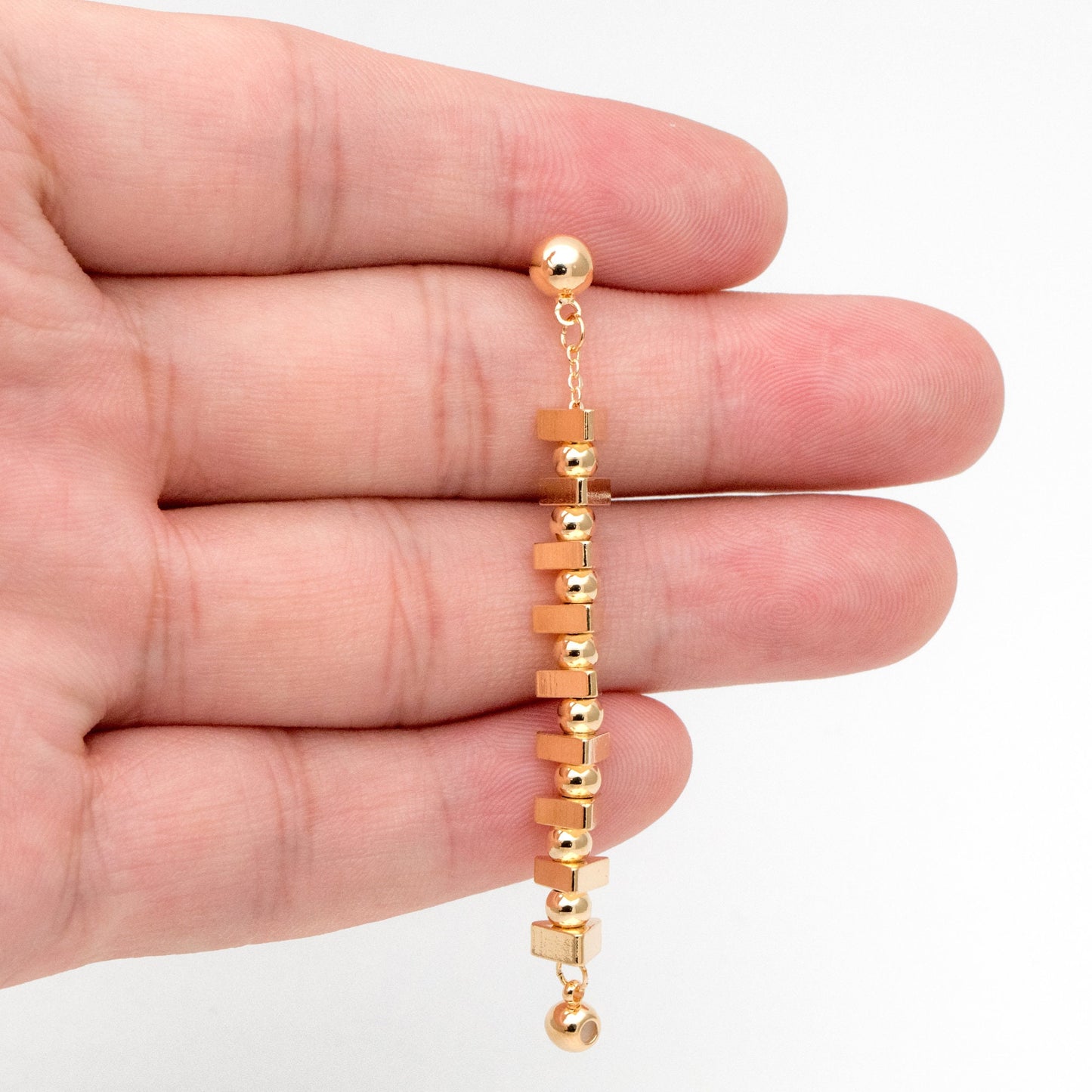 4pcs Gold Triangle Bead Chain Ear Post with Ear Back, Real Gold Plated Brass Chain Earring Studs (GB-3346)