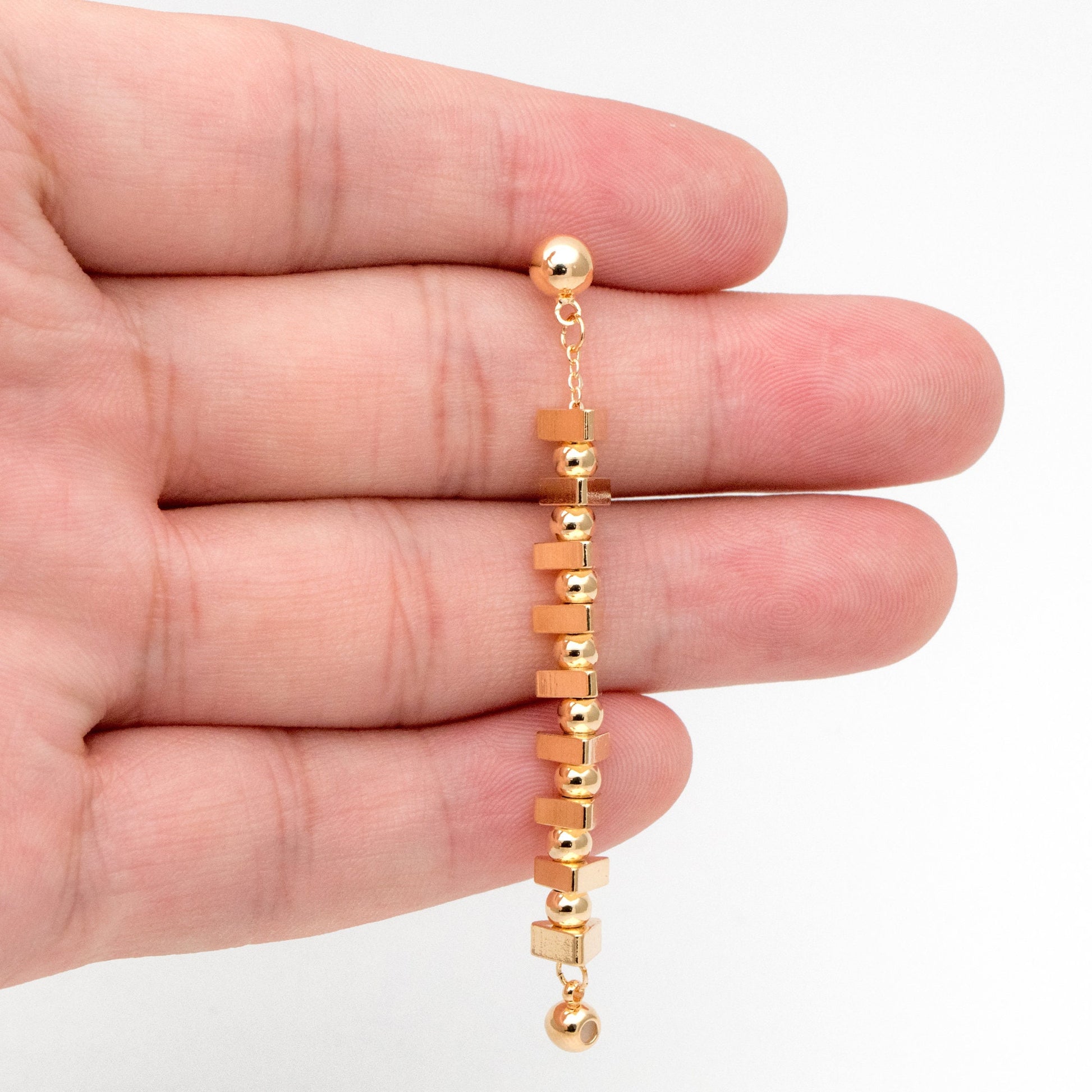 4pcs Gold Triangle Bead Chain Ear Post with Ear Back, Real Gold Plated Brass Chain Earring Studs (GB-3346)