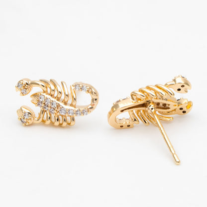 4pcs CZ Pave Gold Scorpion Ear post, 18K Gold Plated Brass Scorpio Ear Studs, Jewelry Supplies (GB-3392)