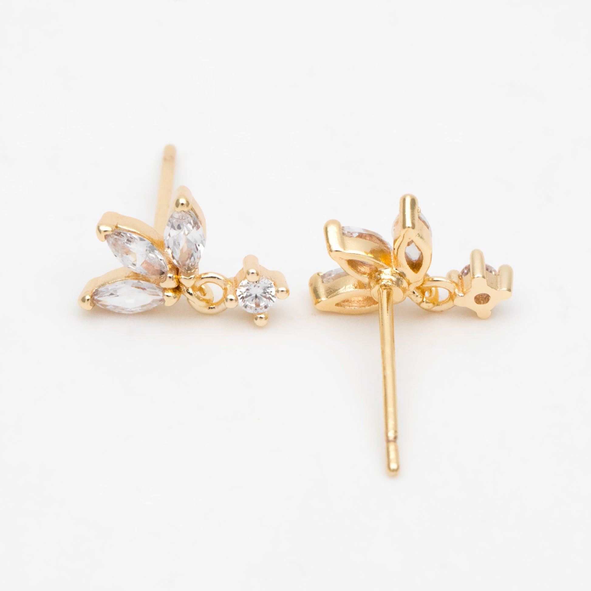 10pcs CZ Pave Gold/ Silver Leaf Earring Posts, Flower Earring, Gold/ Rhodium Plated Brass, Jewelry Supplies (GB-3397)