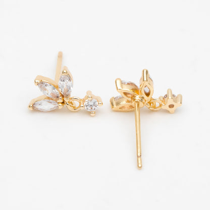 10pcs CZ Pave Gold/ Silver Leaf Earring Posts, Flower Earring, Gold/ Rhodium Plated Brass, Jewelry Supplies (GB-3395-G)