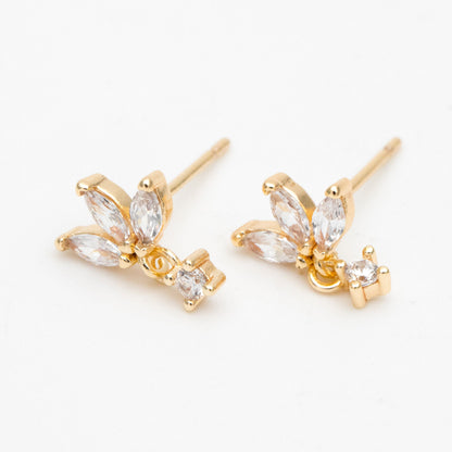 10pcs CZ Pave Gold/ Silver Leaf Earring Posts, Flower Earring, Gold/ Rhodium Plated Brass, Jewelry Supplies (GB-3397)