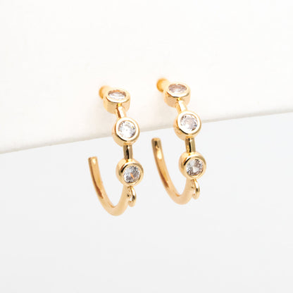 4pcs CZ Pave Gold Hoop Earrings 18mm, Gold Plated Brass, Round Circle Earrings (#GB-3398)