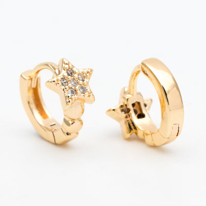 4pcs CZ Paved Tiny Star Hoop Earrings, Round Leverback Ear Hooks, 18K Gold plated Brass, Cartilage Hoop (GB-3399-A)