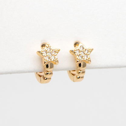 4pcs CZ Paved Tiny Star Hoop Earrings, Round Leverback Ear Hooks, 18K Gold plated Brass, Cartilage Hoop (GB-3399-A)