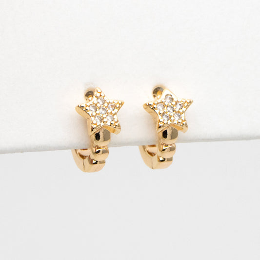 4pcs CZ Paved Tiny Star Hoop Earrings, Round Leverback Ear Hooks, 18K Gold plated Brass, Cartilage Hoop (GB-3399-A)