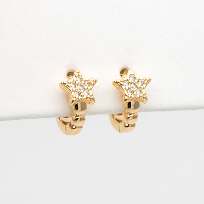 4pcs CZ Paved Tiny Star Hoop Earrings, Round Leverback Ear Hooks, 18K Gold plated Brass, Cartilage Hoop (GB-3399-A)