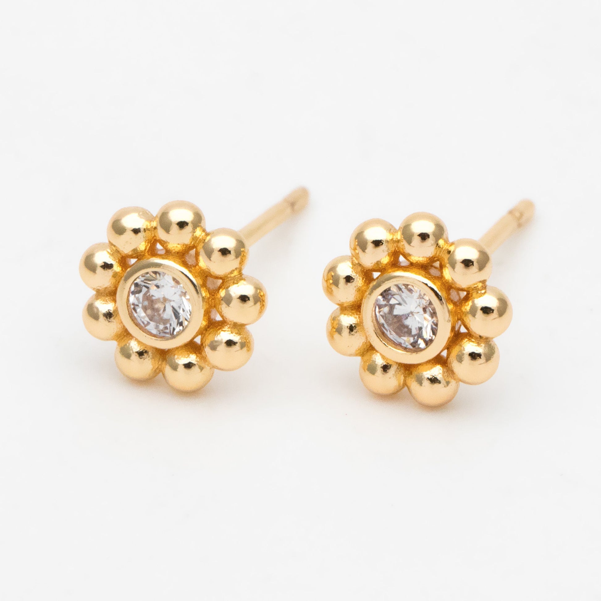 10pcs CZ Pave Gold Flower Ear Posts 7mm, Gold Plated Brass Stud Earrings, DIY Ear Findings (GB-3406)